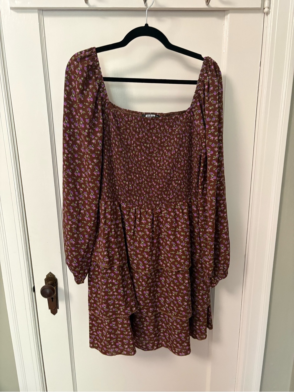 Smocked Long-Sleeve Tiered Mini Dress - Brown with Pink Floral